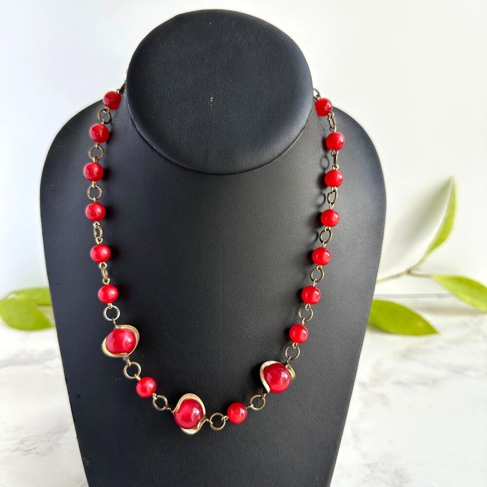 Art Deco Metal Wrapped Red Glass Bead Necklace 16" Vintage Jewelry
